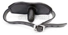 The Cuffstore Black Leather Extreme Locking Mouth Gag Mask 2008-SM features a black leather strap with buckle and a central padded locking mouth gag, displayed on a white surface.