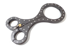 The Cuffstores Heavy Aluminum Cangue with Padlock is a yoke-style Shrews Fiddle restraint, featuring a dark metal finish and riveted edges for historical punishment roleplay.