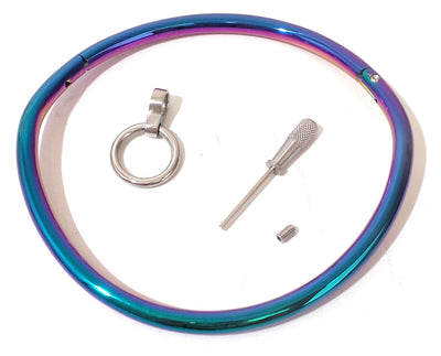 8 mm Locking Collar Rainbow Stainless Curved Bondage Neck Choker Collar w/ Ring Pride Jewelry - Multiple Sizes Available