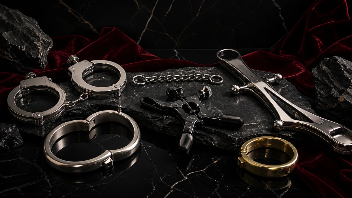 Stainless handcuffs, leg irons, chain, and a black clamp arranged on obsidian.