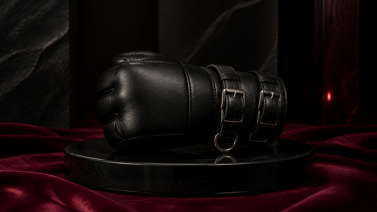 A black leather fist mitt with silver buckles on dark stone.