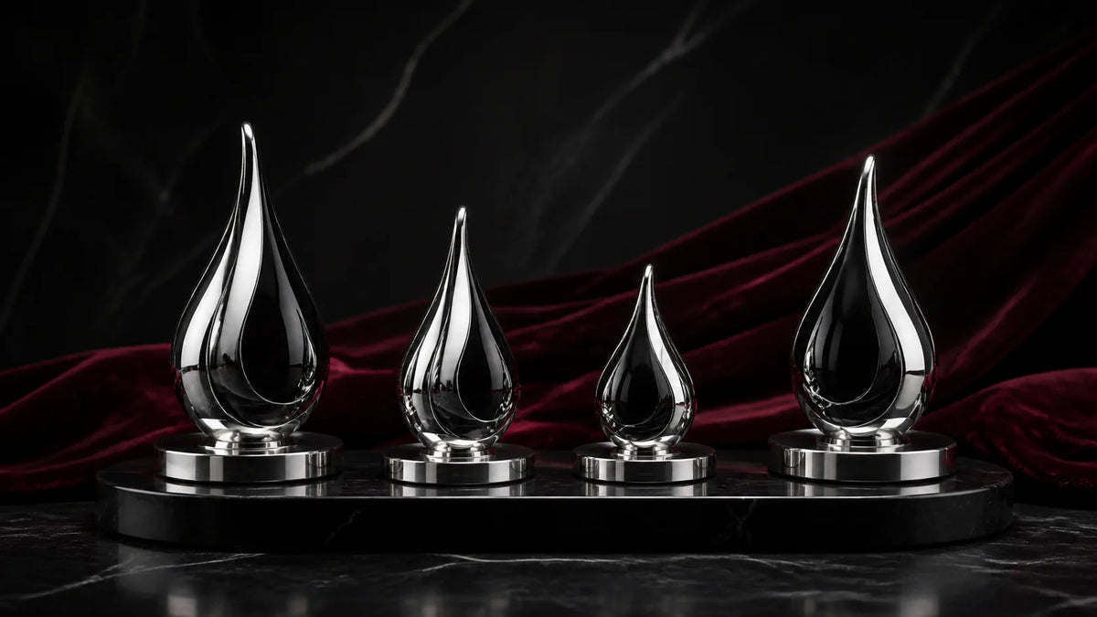 Polished stainless, cobalt glass, and dark silicone plug forms on black stone.