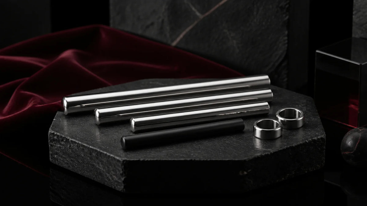 Slender polished stainless sound forms with a black silicone dilator on dark stone.