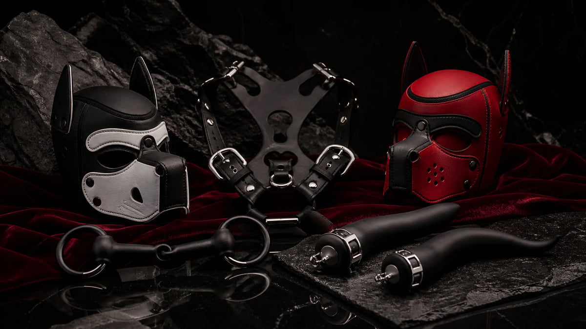 Leather masks, silicone harness forms, and black tail-shaped objects on dark velvet.
