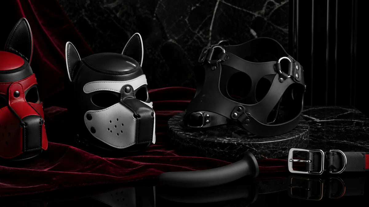 Leather puppy masks, a silicone harness, and a tail-shaped form on oxblood velvet.