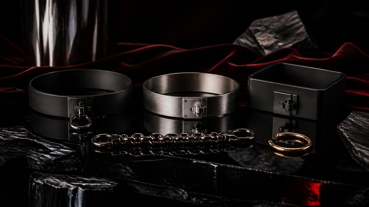 Matte-black and satin collars with a connector chain and gold O-ring on stone.