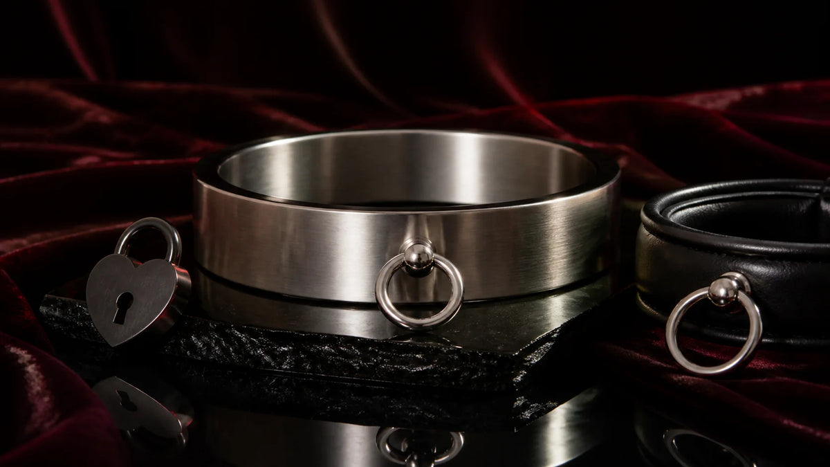 Brushed stainless collar with a matching O-ring and small padlock on oxblood velvet.