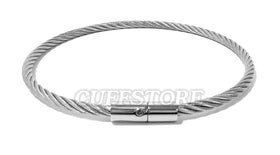 Closed stainless steel cable collar on a white background
