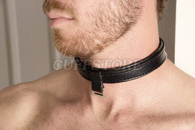 Black Leather Locking Collar with Square Ring