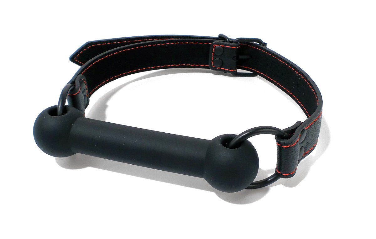 Black silicone horse-bit gag with connecting rings