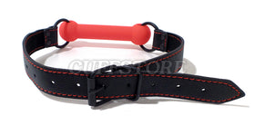 Back view of the red horse-bit gag and buckle strap