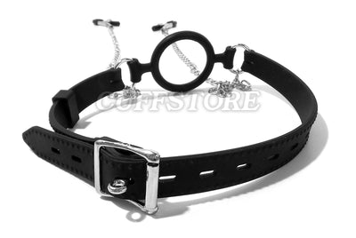 Soft Silicone Open Mouth Gag with Chained Nipple Clamps