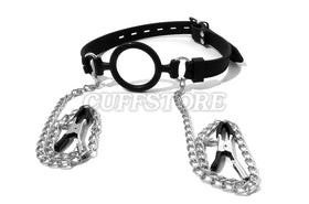 Lockable Silicone Ring Gag with Nipple Clamps