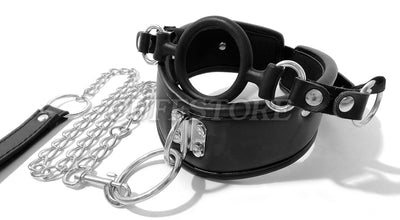 Padded Leather Neck Posture Collar with Attached Silicone Mouth Gag & Leash