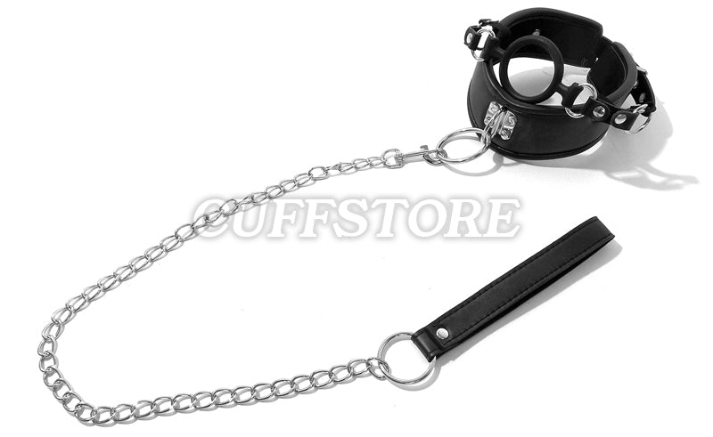 Padded Leather Neck Posture Collar with Attached Silicone Mouth Gag & Leash