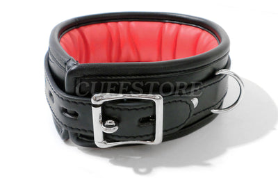 Black & Red Lockable Bondage Collar with Leash