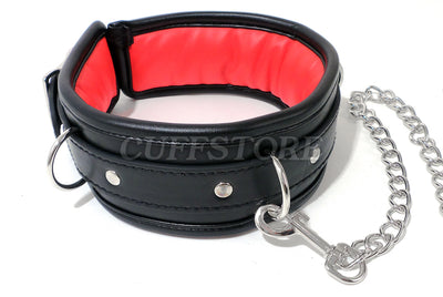 Black & Red Lockable Bondage Collar with Leash