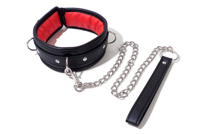 Black & Red Lockable Bondage Collar with Leash