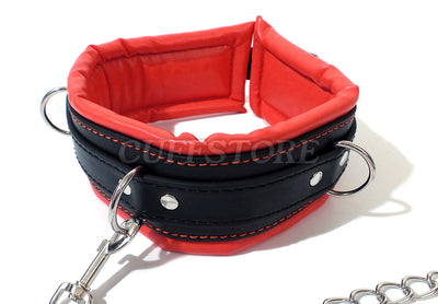 Red & Black Lockable Bondage Collar with Leash