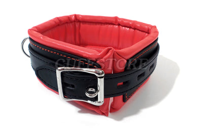 Red & Black Lockable Bondage Collar with Leash