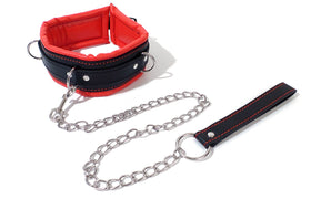 Red-Lined Black Collar with Chain Leash