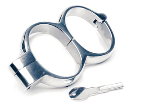 Side angle of the open Irish-8 leg irons with key