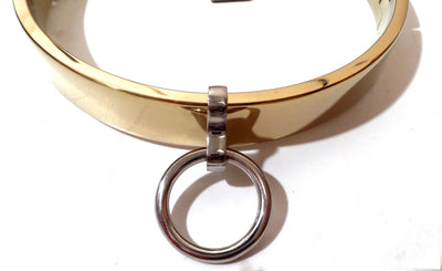 Locking Flat Gold Titanium Finish Slave Collar Stainless Steel BDSM Collar, Removable O Ring