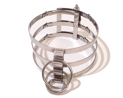 3 Ring Stainless Steel Locking Adjustable BDSM Posture Collar, Neck Cage