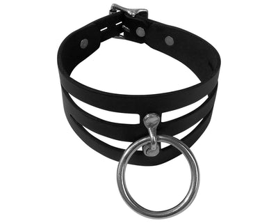 Adjustable Handmade Leather Choker Collar with Silver O-Ring and Locking Buckle