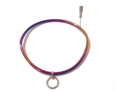 Rainbow Petite 6mm Curved Jewelry Bondage Locking Collar with Single Ring (Multiple Sizes 14"-19") - BDSM Collar