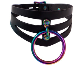 Rainbow O-Ring Cutout Leather Locking Collar