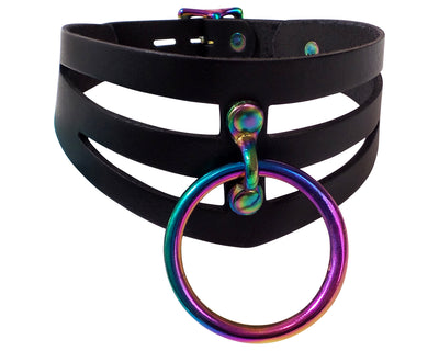 Adjustable Handmade Leather Choker Collar with Rainbow O-Ring and Locking Buckle