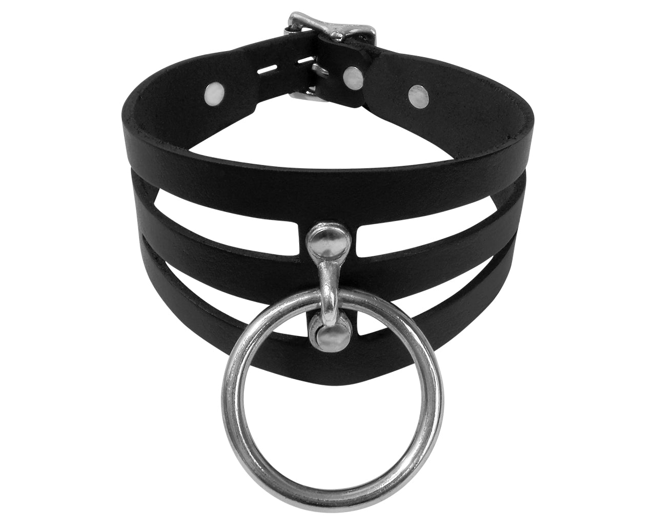 Silver O-Ring Cutout Leather Locking Collar