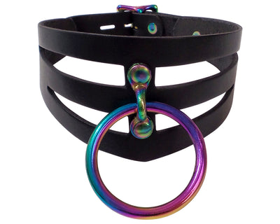 Adjustable Handmade Leather Choker Collar with Rainbow O-Ring and Locking Buckle