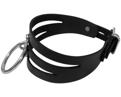 Adjustable Handmade Leather Choker Collar with Silver O-Ring and Locking Buckle