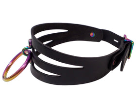 Rainbow O-Ring Cutout Leather Locking Collar