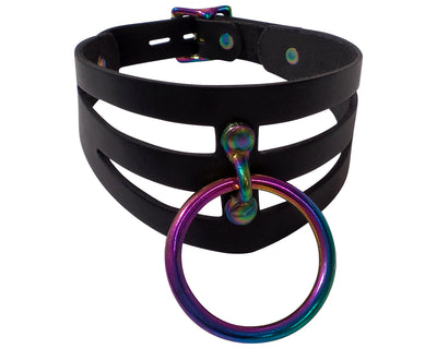 Adjustable Handmade Leather Choker Collar with Rainbow O-Ring and Locking Buckle