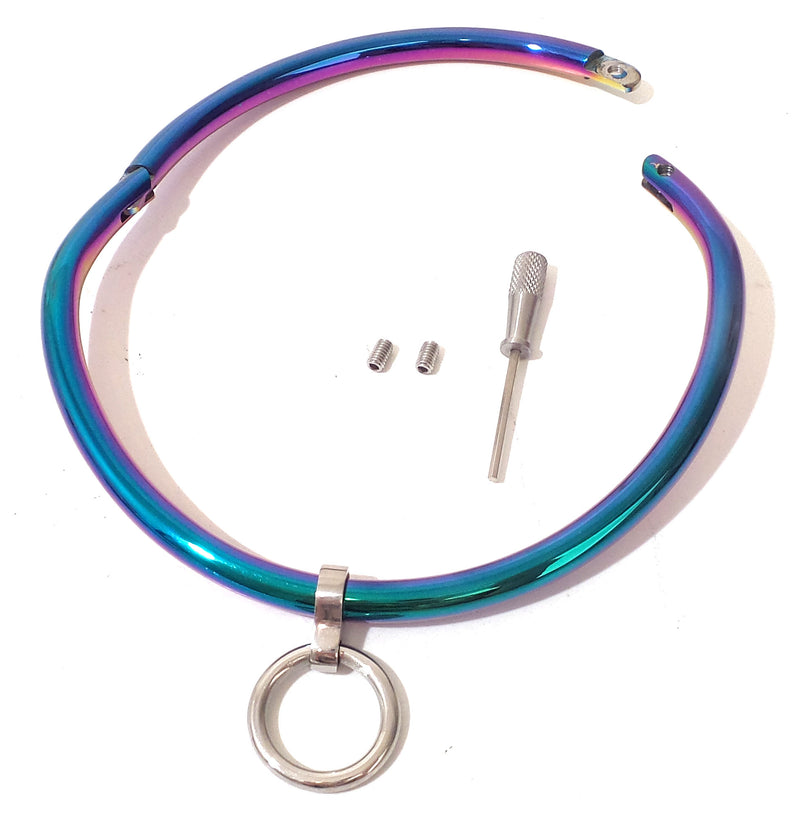 8 mm Locking Collar Rainbow Stainless Curved Bondage Neck Choker Collar w/ Ring Pride Jewelry - Multiple Sizes Available