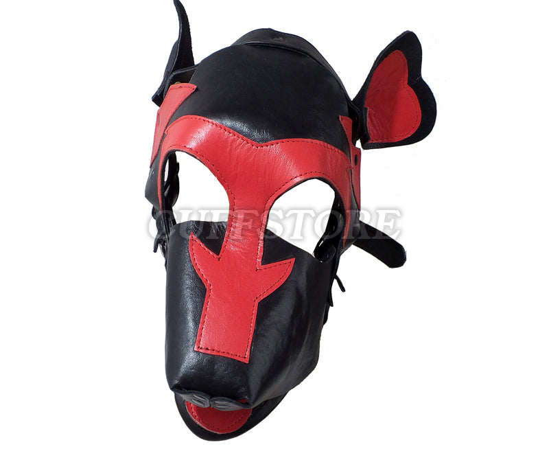 Red & Black Leather Puppy Play Dog Mask with Removable Muzzle