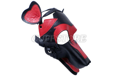 Red & Black Leather Puppy Play Dog Mask with Removable Muzzle