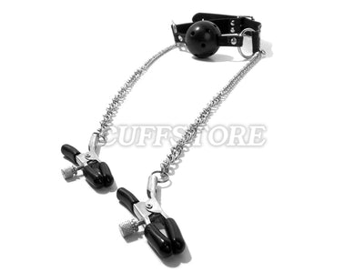 Lockable Breathable Mouth Ball Gag with Nipple Clamps