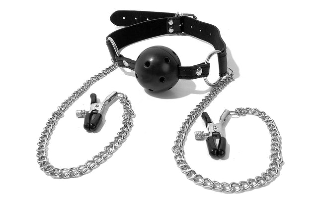 Locking Breathable Ball Gag with Nipple Clamps